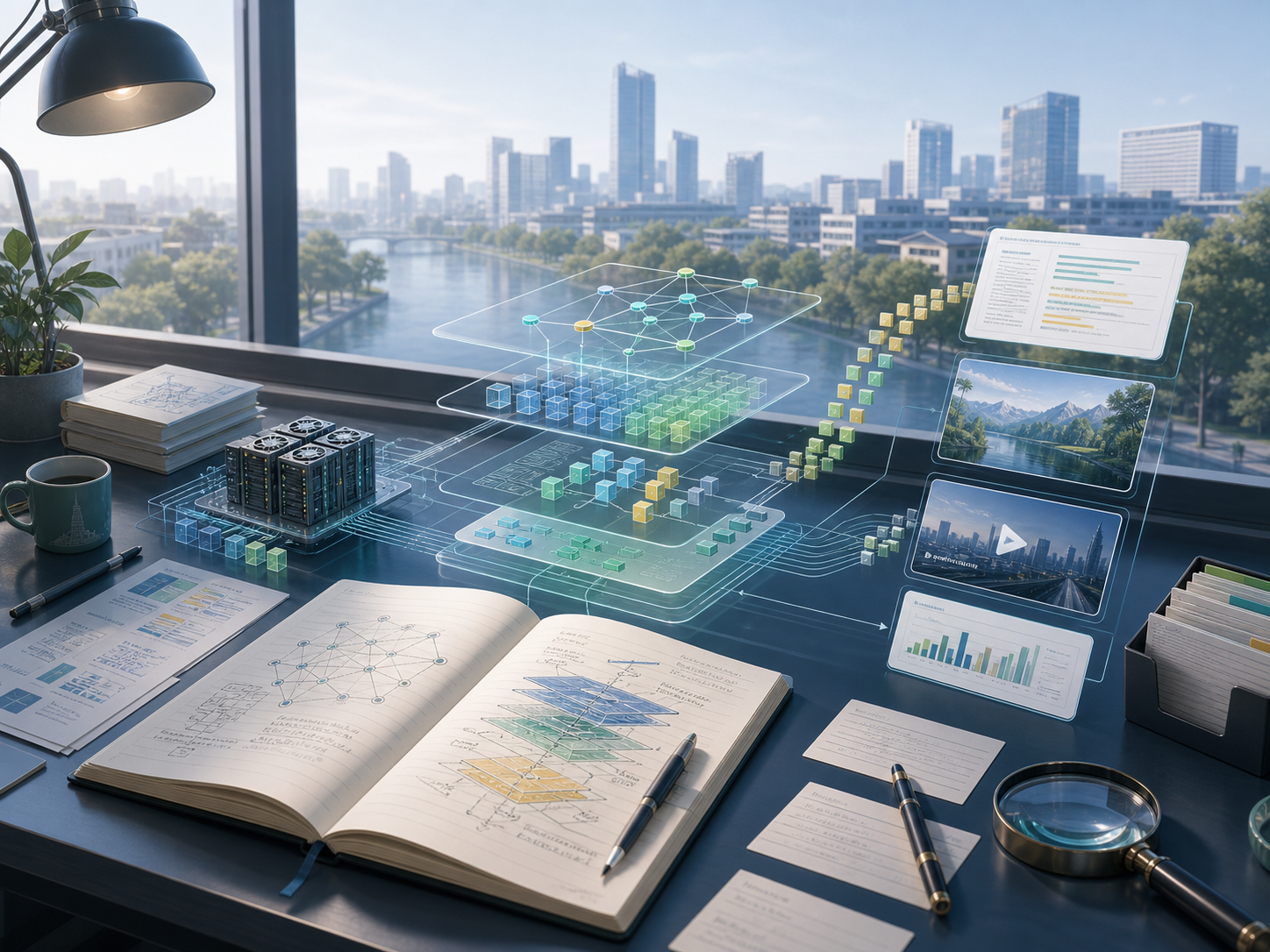 AI知识编辑桌面，展示算力、模型和多模态信息流
